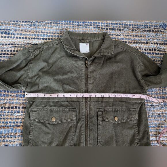 Olive Green 100% Cotton Zip Up Pocket Cropped Jacket S Lightweight Retro - Picture 4 of 7